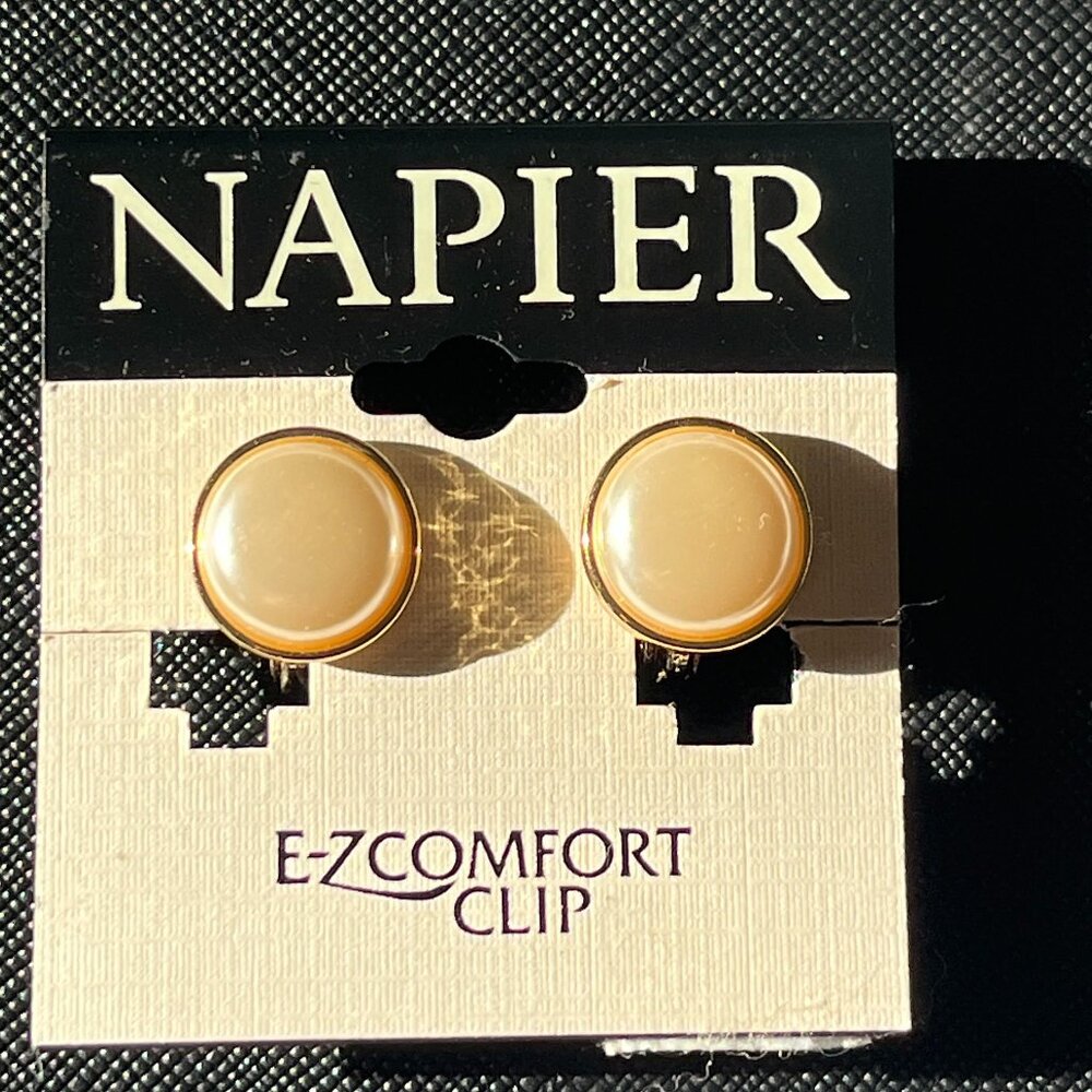 Napier TJG Golden Tone Faux Pearl Clip-on Earrings - Picture 3 of 9